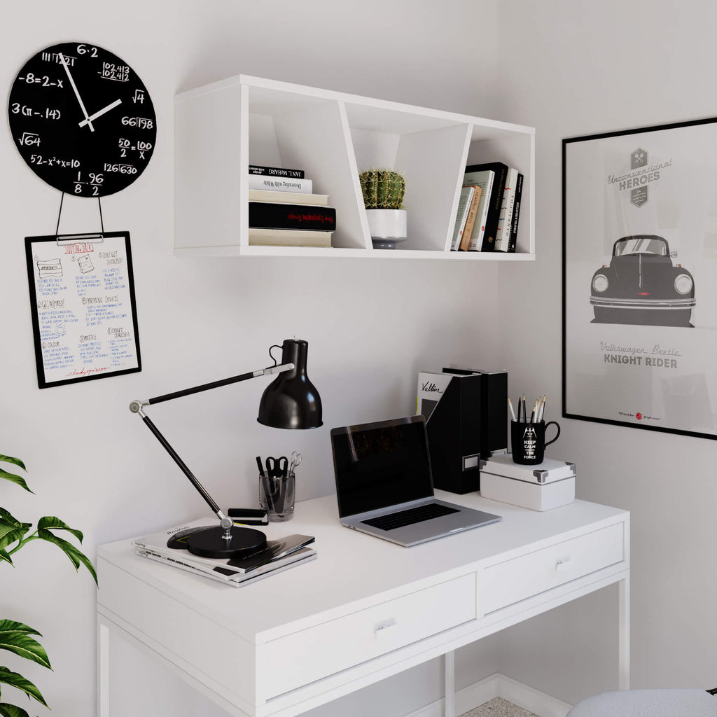 white book shelf in room